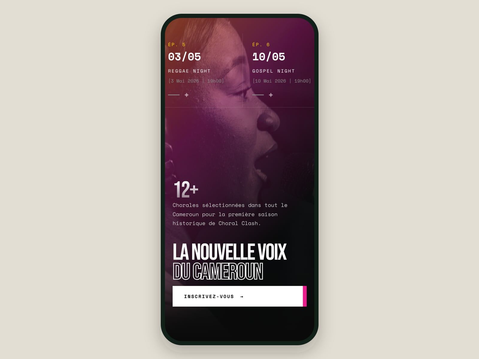 Le site Choral Clash affiché sur mobile