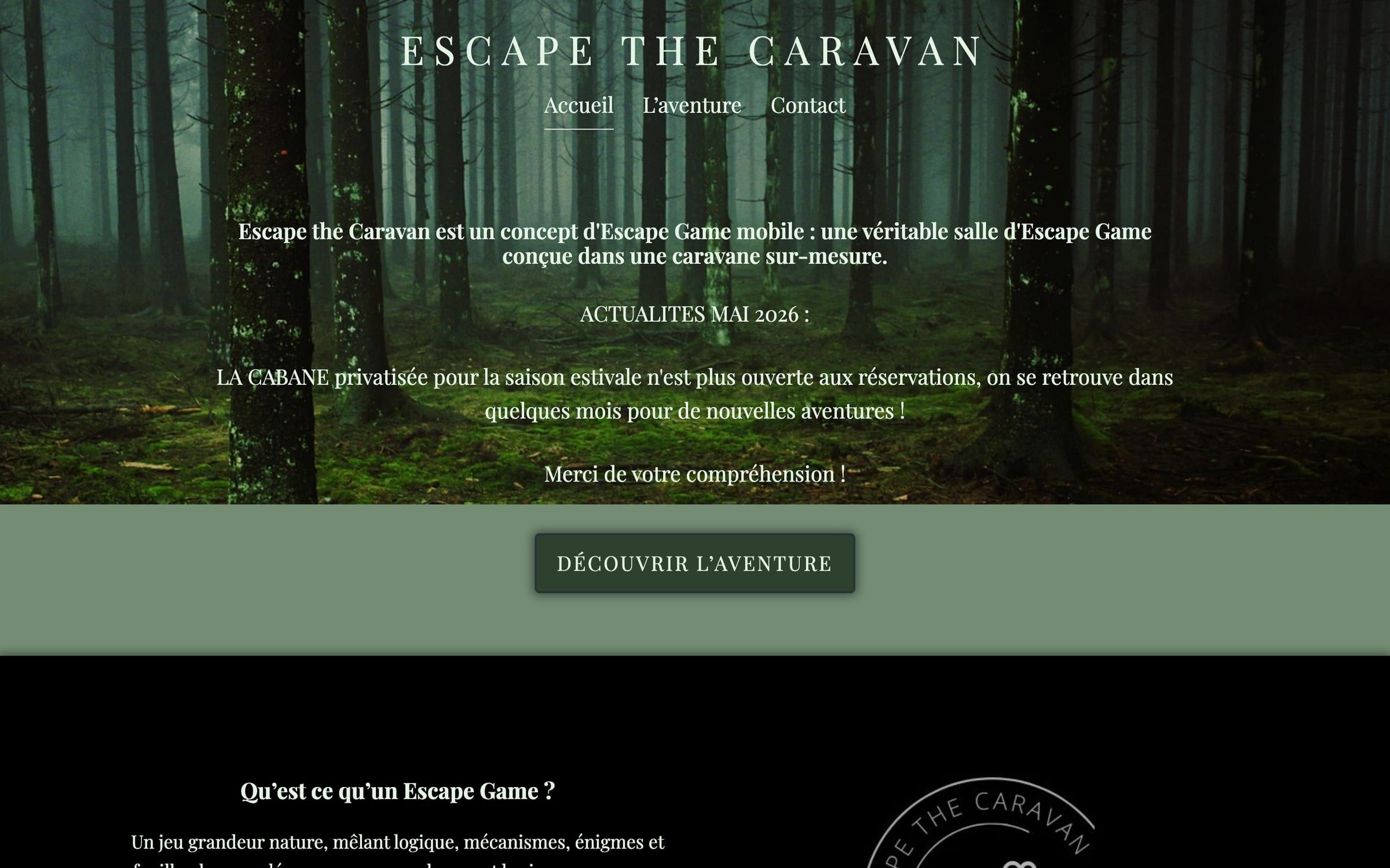 Capture de la page d'accueil du site Escape the Caravan