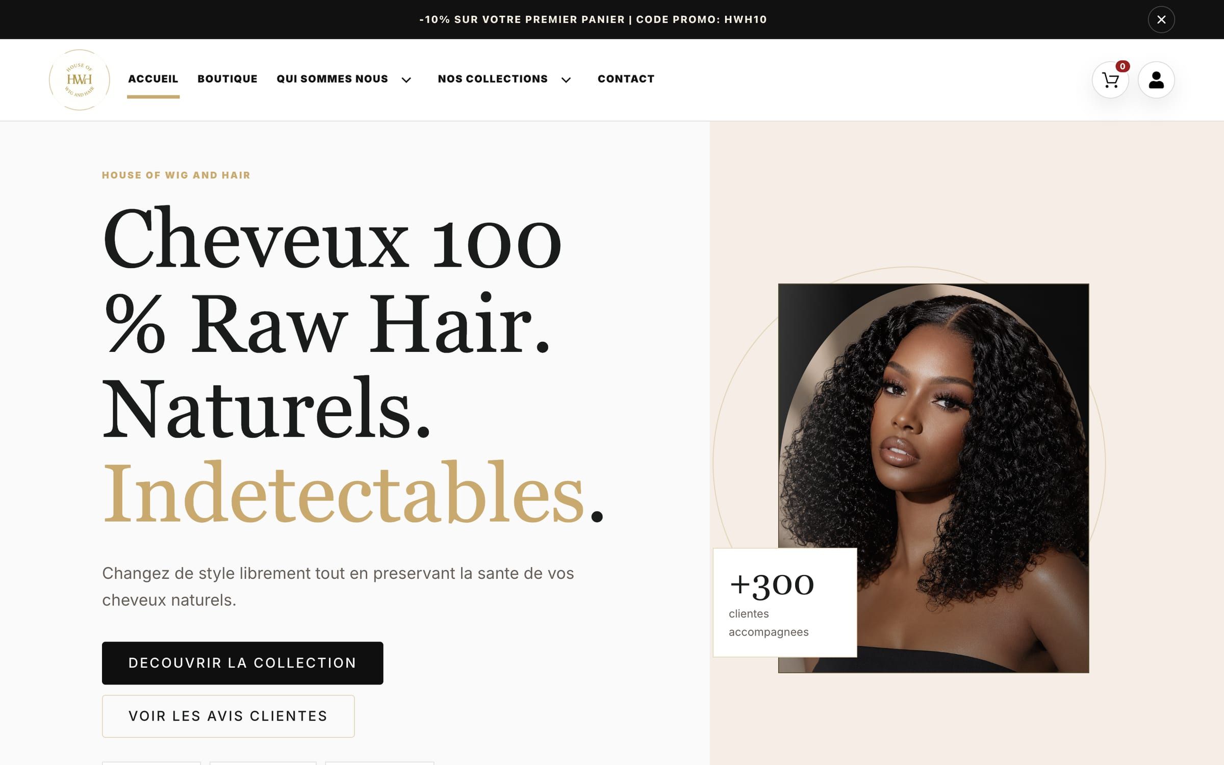 Capture de la page d'accueil du site House of Wig and Hair