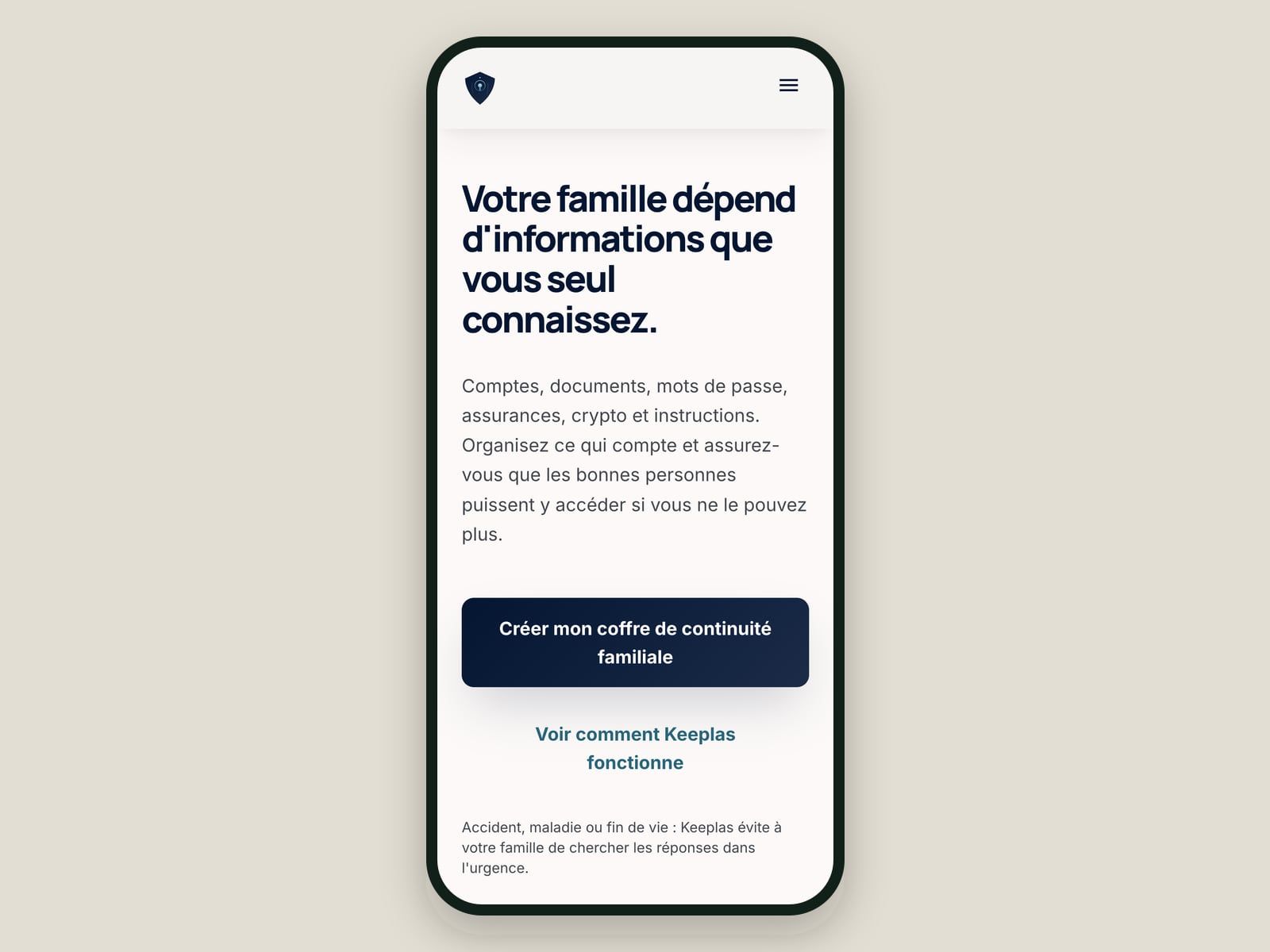 Le site Keeplas affiché sur mobile