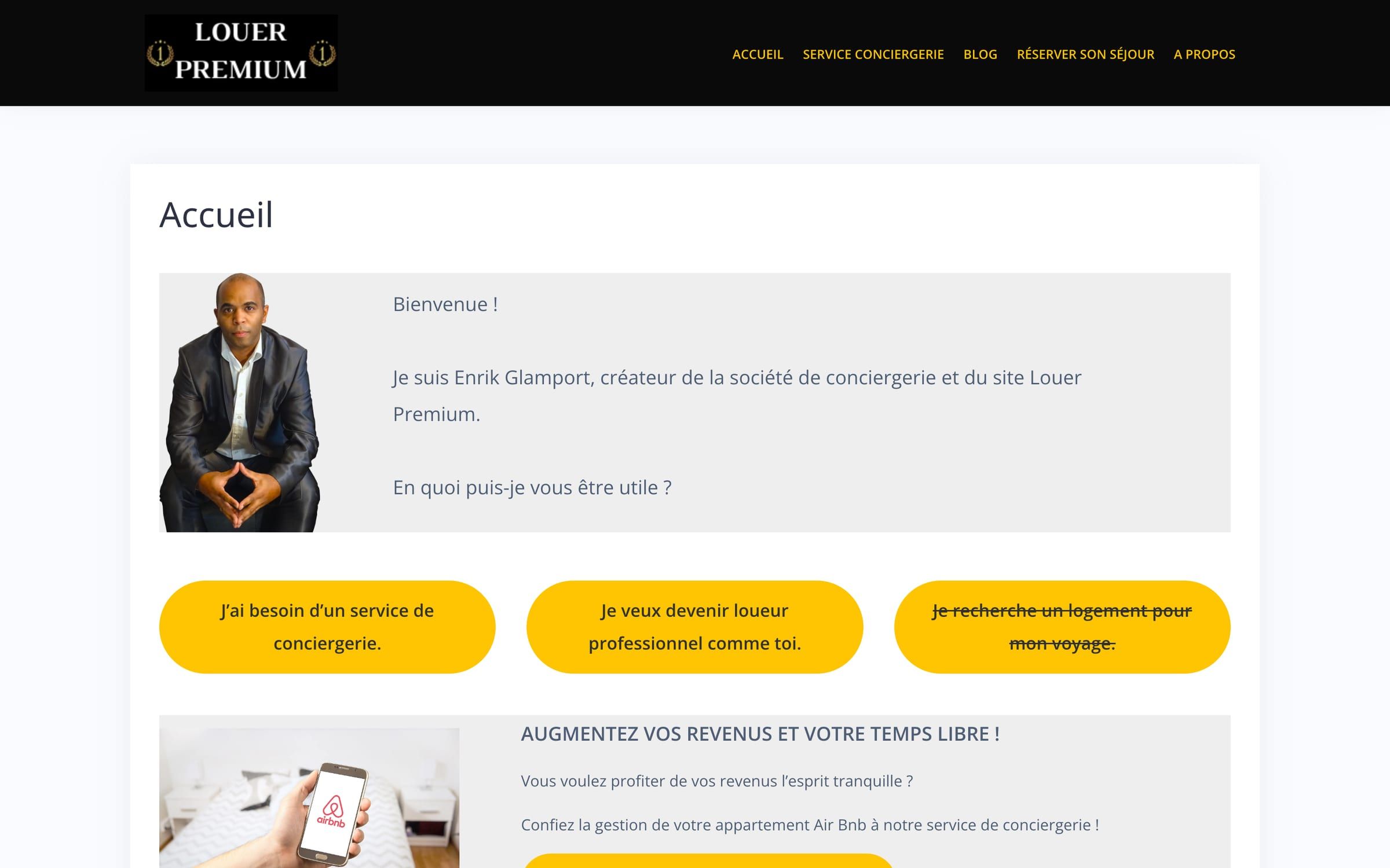 Capture de la page d'accueil du site Louer Premium