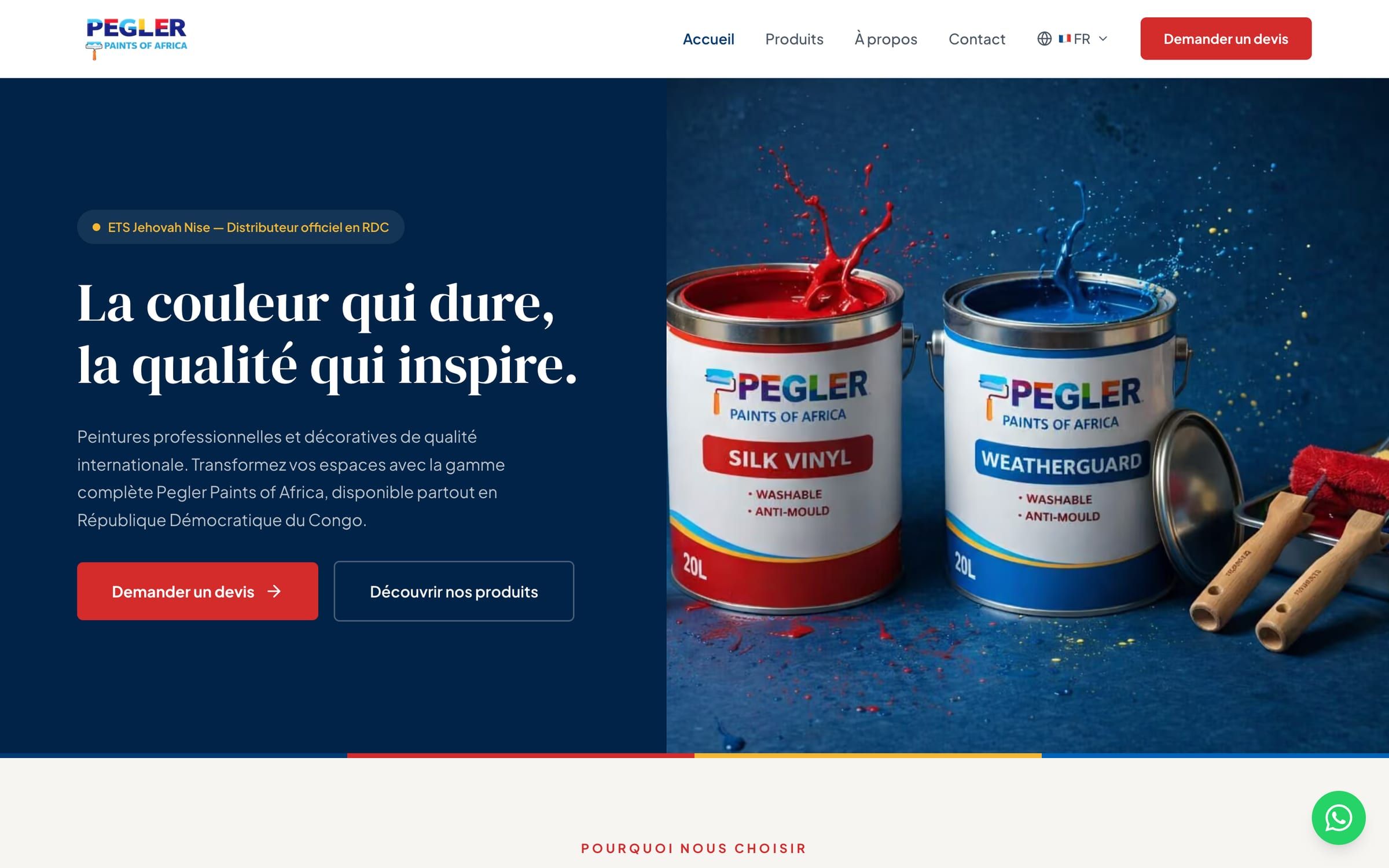 Capture de la page d'accueil du site Pegler Paints RDC