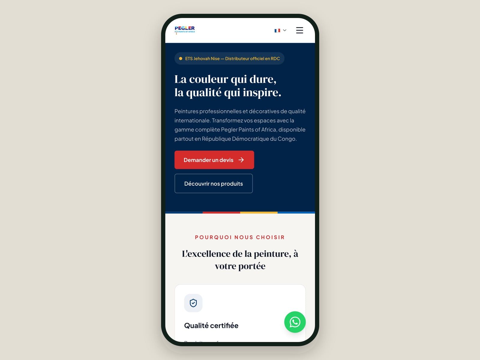 Le site Pegler Paints RDC affiché sur mobile