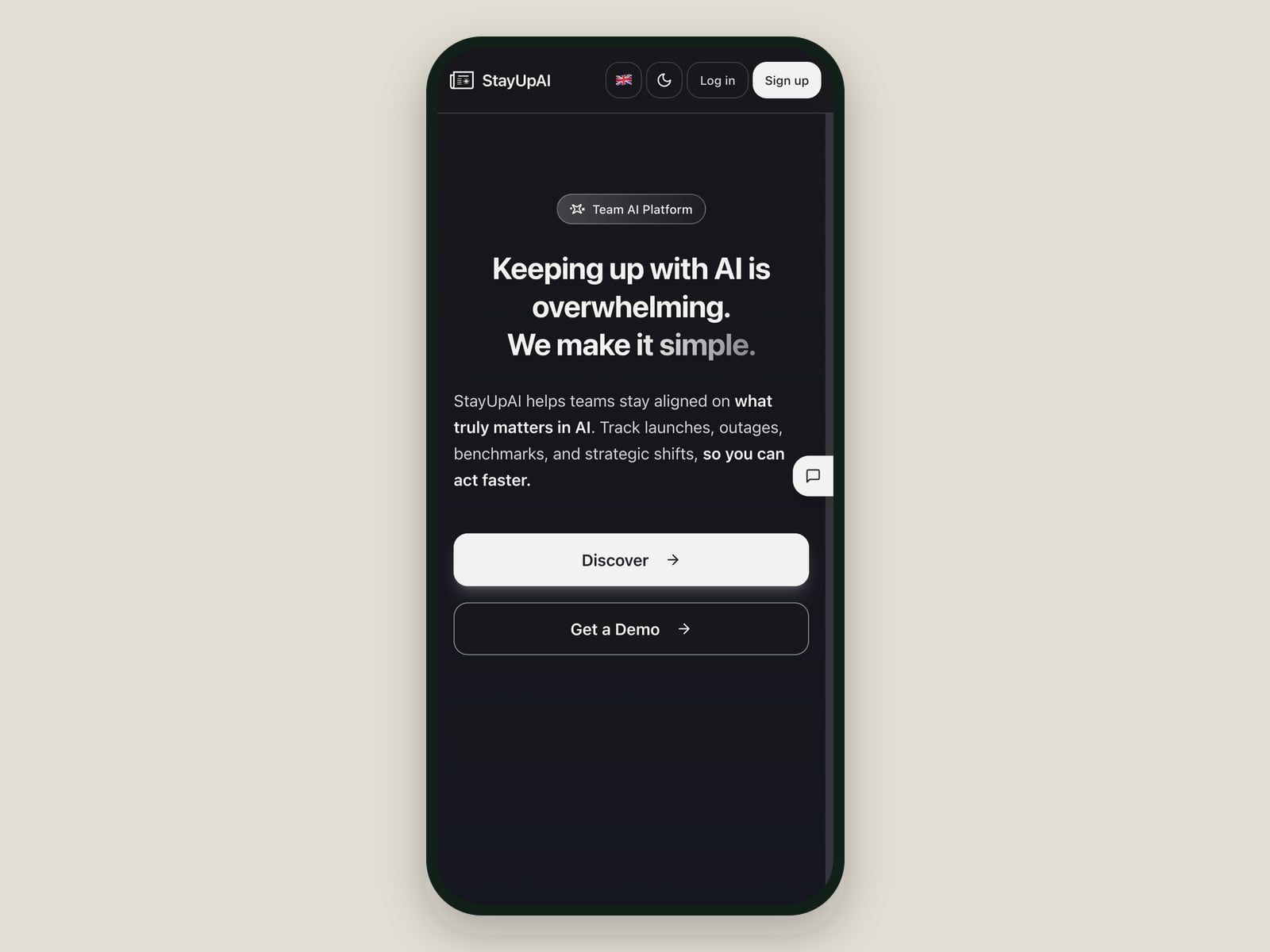 Le site StayUpAI affiché sur mobile